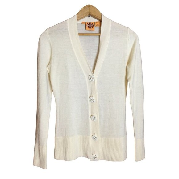 Tory Burch Button Front Cardigan Sweater Long Sleeves V Neck Beige XS - Picture 1 of 6